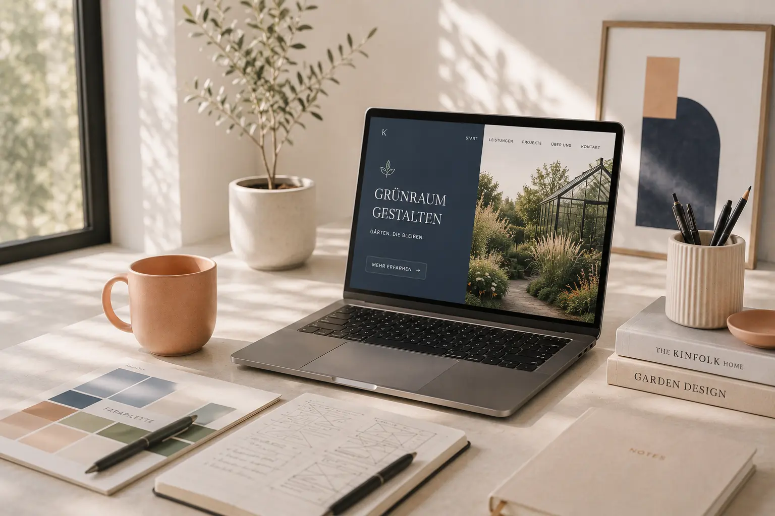 Moderner Webdesign-Arbeitsplatz – Laptop mit Designentwurf, Notizbuch und Farbpalette